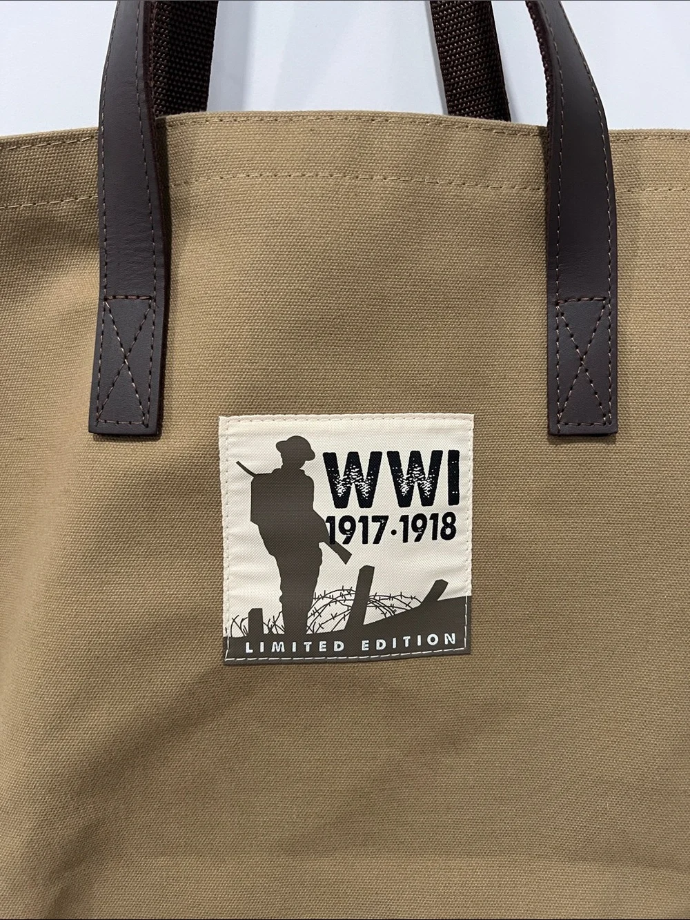 WWI Limited‎ Edition Canvas Tote Bag in Khaki with Dark Brown Handles